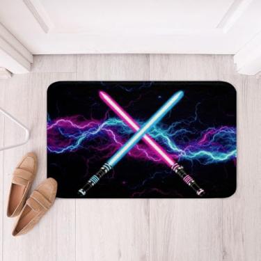 Imagem de Tapete de casa de banho com sabre de luz laranja azul, tapete de casa de banho com relâmpago neon brilhante video games tapete de banho antiderrapante crianças meninos meninas adolescentes banho interior capacho decoração, tapete de chão absorvente preto moderno desgrenhado, 40,64 cm x 60,96 cm