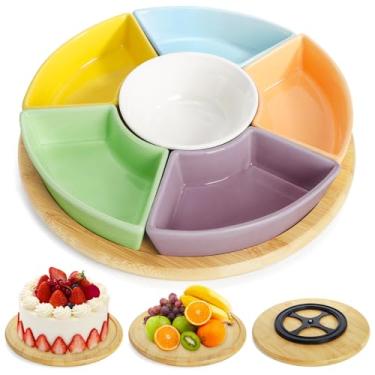 Imagem de AVLA Pratos de servir divididos de cerâmica de 28 cm, travessa de aperitivo de festa Lazy Susan, 6 tigelas removíveis para lanches com bandeja rotativa de bambu, bandeja de porcelana para salgadinhos