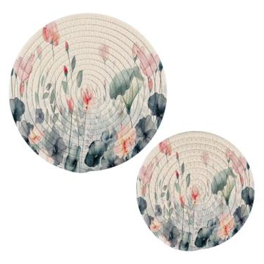 Imagem de Blueangle 2 peças de suporte de panela de flores em aquarela - conjunto de pegadores de panela de tecido redondo - almofadas quentes trançadas de algodão - porta-copos - tapetes de mesa para cozinhar