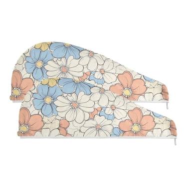 Imagem de SEHANY Toalha de cabelo de microfibra de flores coloridas elegantes para mulheres, 2 peças, turbantes de cabelo de secagem rápida com botão, touca de cabelo seco absorvente toalha de secagem de cabelo