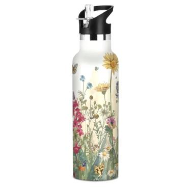 Imagem de Blueangle Garrafa de água de 590 ml com canudo - Garrafa de água esportiva de aço inoxidável sem BPA, design de campo de flores silvestres à prova de vazamento para academia, atividades ao ar livre