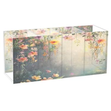 Imagem de SEHANY Porta-canetas de acrílico com flores silvestres coloridas, 4 compartimentos, porta-lápis transparente, organizador de pincéis de maquiagem, organizador de papelaria para escritório, casa