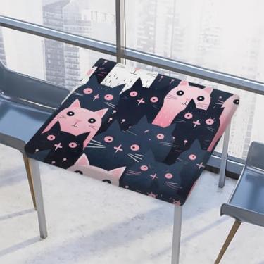 Imagem de hongjinglin Toalha de mesa quadrada para uso ao ar livre com borda elástica capa de mesa quadrada limpa gato fofo rosa preto para decoração de cozinha ao ar livre, pátio, sala de jantar, cozinha, para