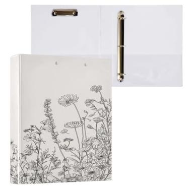 Imagem de ATTX Fichário com 3 anéis de flores pretas e brancas, 3 cm para papel tamanho carta, 21,6 cm x 28 cm, fichários com três anéis com prancheta para material de escritório #467
