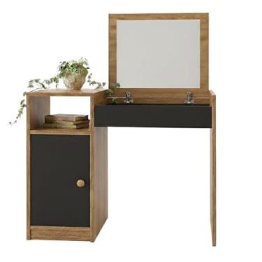 Imagem de Penteadeira de Madeira Compacta com Espelho e Gabinete para Banheiro Moderno(PRETO/NATURE)
