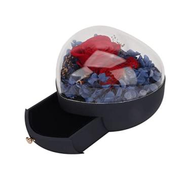Imagem de Caixa de joias com flores preservadas em formato de coração, colar elegante, organizador de armazenamento de anéis para mulheres, meninas, casamento, presente de dia dos (Azul escuro)