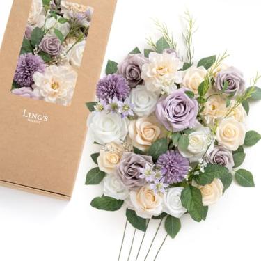 Imagem de Ling's moment Caixa de flores falsas, hastes artificiais artificiais de espuma, rosas e folhas de seda para centros de mesa, arranjos florais de casamento, chá de panela, lavanda e creme, combo de
