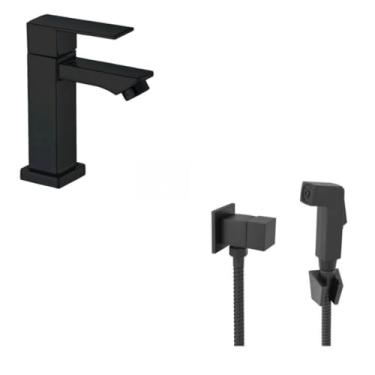 Imagem de Kit Banheiro Dourado Torneira + Ducha Higiênica Chuveirinho Luxo Quadrada Metal INoxidavel(PRETO FOSCO)