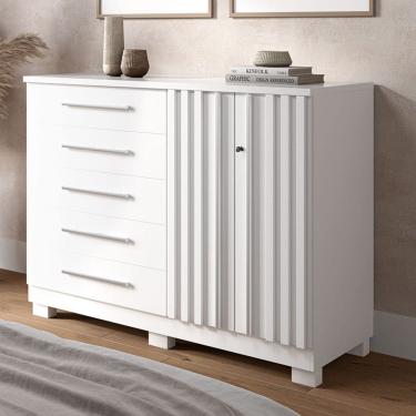 Imagem de Cômoda Bella 2 Portas 5 Gavetas 100% Mdf Ripado Branco - Acp Móveis