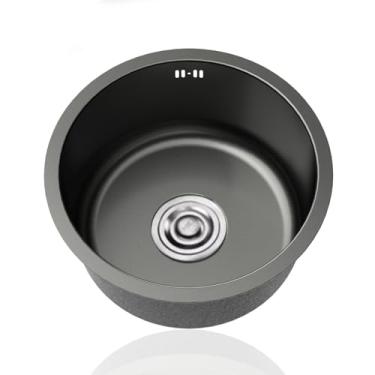 Imagem de PVXMQFFA Mini pia de cozinha preta, pia redonda de aço inoxidável 304, pias pequenas, pia de caravana de tigela única com encaixes de escorredor e transbordamento para bar restaurante, montagem