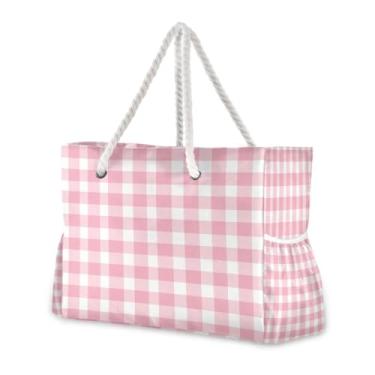 Imagem de Wassud Bolsa de praia bonita xadrez grande bolsa de praia para mulheres, impermeável, à prova de areia, bolsa de viagem com zíper e bolso para piscina academia acampamento