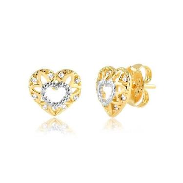 Imagem de Brinco Coração Vazado Com Pedras De Zircônia Folheado A Ouro - Radhau 