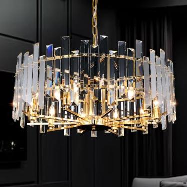 Imagem de AHEYLITY Lustre de cristal lustre moderno lustre de iluminação pendente luminárias teto para salas de jantar, sala de estar, entrada de chuva, pendente, W27,55" moldura dourada