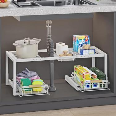 Imagem de INGIORDAR Organizadores sob a pia de 2 camadas expansível organizador de armário deslizante prateleira de pia armário prateleiras de armazenamento para cozinha banheiro (branco, (26,18-30,9) "Dx14,17