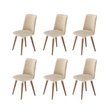 Imagem de Kit de 6 Cadeiras de Madeira Maciça Estofada Dakota - Natural c/ Boucl
