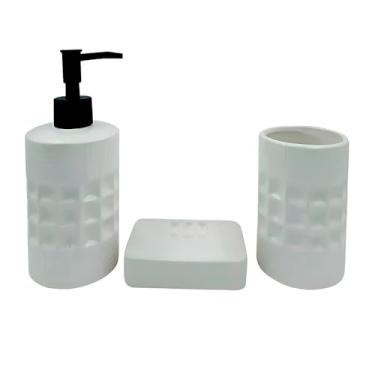 Imagem de Conjunto de Banheiro 3 Peças em Porcelana e PP, Dispenser 320ml, Saboneteira e Porta Escovas, Design Moderno, Branco, Malta e Pequim