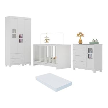 Imagem de Quarto De Bebê Completo Com Berço 3 Em 1 Com Colchão Incluso Luna Multimóveis MP4544 Branco