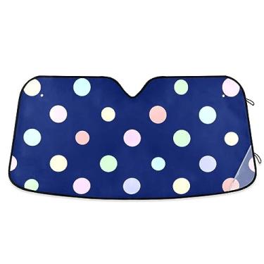 Imagem de Guarda-sol de carro azul de bolinhas coloridas arco-íris, pára-brisa dianteiro, proteção UV dobrável para janela de carro