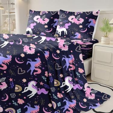Imagem de MWMWMW Jogo de lençol casal infantil de unicórnio, 4 peças, com estampa de unicórnio, respirável, sem rugas, aconchegante, macio, lençol de cama completo com 2 fronhas