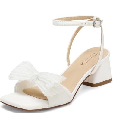 Imagem de TEAIEUI Sandálias femininas de salto com laço e bico quadrado aberto para noivas, salto grosso, salto baixo, tira no tornozelo, sapatos sociais para festas, Branco, 40