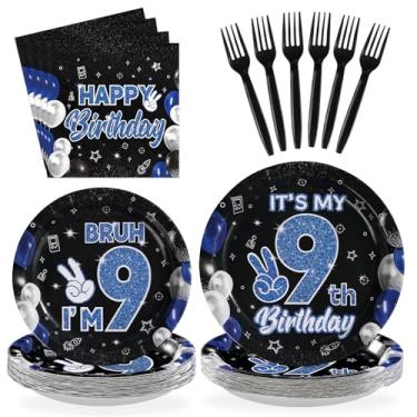 Imagem de Greencian 96 peças de decorações de aniversário de 9 anos para meninos, pratos e guardanapos descartáveis com glitter It's My 9th Birthday Party Supplies para meninos, crianças, adolescentes, 9 anos