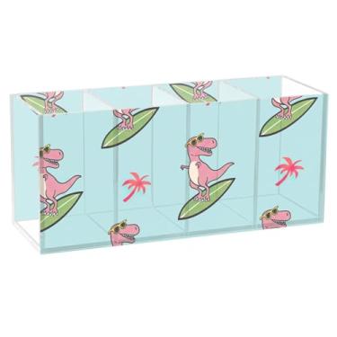 Imagem de TSENQUE Porta-canetas de desenho animado T Rex azul fofo para mesa, suporte de pincel de maquiagem de acrílico para mesa, copo de caneta