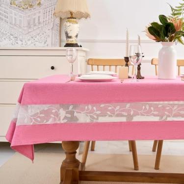 Imagem de youngseahome Toalha de mesa de tecido resistente com borda de renda bordada requintada - à prova d'água/resistente a vincos - para jantar, interior e exterior, casamento, férias, rosa, retangular 152