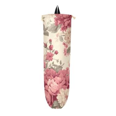 Imagem de Flores vintage em um pacote com 2 suportes para sacolas de supermercado bege, armazenamento de sacolas de plástico para sacolas de supermercado, suporte de parede