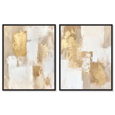 Imagem de Golden Enigma Impressão em Tela Boho Decoração de Parede Conjunto de 2 por Art Remedy, Moldura Preta, 50 x 61 cm