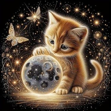 Imagem de wavaiov Kits de pintura de diamante de borboleta de gato para adultos, kits de arte de diamante DIY para iniciantes, kits de pintura de arte de diamante redondo 5D para decoração de casa 35 x 35 cm