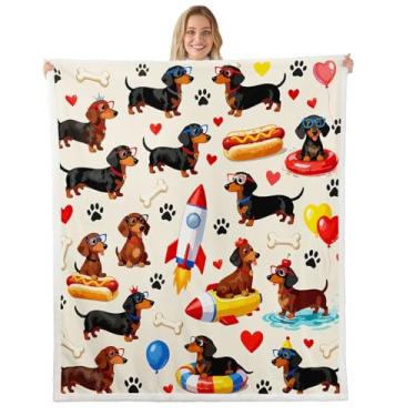 Imagem de Cobertor de pelúcia Dachshund com tema universo, desenho animado foguete, cama de foguete para decoração de sala de estar, cachorrinho fofo, sofá, sofá, macio, aconchegante, crianças, adultos