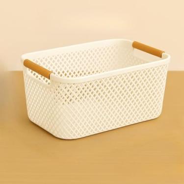 Imagem de Cesto Organizador de Plástico com Alça de Bambu – Multiuso para Cozinha e Banheiro(BRANCO CLEAN M-32cmx20cmx14cm)