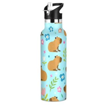Imagem de Lindas garrafas de água de capivaras azuis para adolescentes com tampa de palha, garrafa de água isolada de aço inoxidável, copos infantis à prova de vazamento de parede dupla à prova de vazamento