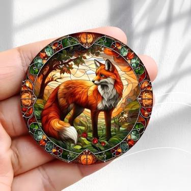 Imagem de Ímã de geladeira vintage raposa de vitral em design de cena de floresta - adesivo redondo de acrílico de 5,8 cm decoração retrô presente tamanho perfeito para geladeira, armário ou qualquer superfície