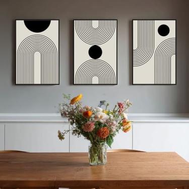 Imagem de SAFERRYHOME Arte de parede abstrata boho, 3 peças de tela emoldurada moderna de meados do século, impressão de pintura de arte preta bege neutra para sala de estar, quarto, escritório, 41 x 61 cm