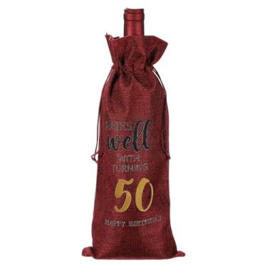 Imagem de PATIKIL Saco de garrafa de vinho para presente de aniversário de 50 anos de 15 x 35 cm, 1 pacote reutilizável para decoração de vinho com cordão para festas de chá de amigos, vermelho
