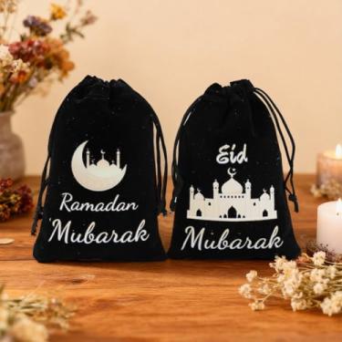 Imagem de 6 peças Eid Mubarak sacos de presente com cordão, saco de biscoito de tecido de veludo preto com estampagem a quente do castelo da lua, bolsas de embalagem de presente para festa muçulmana do Ramadã