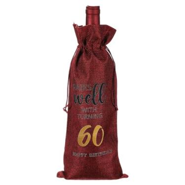 Imagem de PATIKIL Saco de garrafa de vinho para presente de aniversário de 60 anos de 15 x 35 cm, 1 pacote reutilizável para decoração de vinho com cordão para amigos, lembrancinhas de chá de festa, vermelho