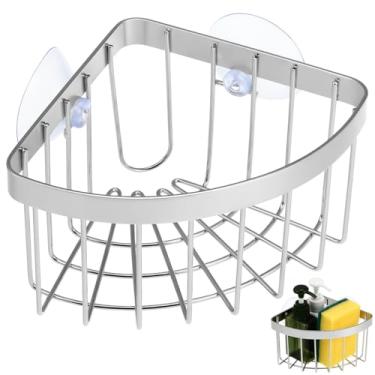Imagem de Housoutil Suporte de esponja de sucção, suporte móvel de pia de canto de 90°, ventosa forte, suporte vazado de aço inoxidável para cozinha e banheiro