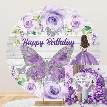 Imagem de Poliéster Diâmetro 1,8 m Feliz Aniversário Fundo Redondo Borboleta Roxa Princesa Fundo Floral Rústico para Fotografia Meninas Bat Mitzvah Festa de Aniversário Artigos de Decoração de Chá de Bebê