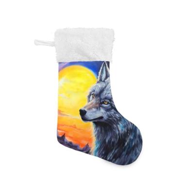 Imagem de ATTX Meias de Natal Sunset Lobo, suporte de presente branco de pelúcia para decorações de festas de fim de ano (17,7 polegadas, 1 pacote) #98