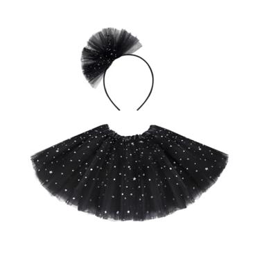 Imagem de 2 peças de saia tutu para meninas, 3 camadas, saia de tule com lantejoulas para meninas de 4 a 12 anos, com faixa de cabeça para festa de aniversário, Halloween, cosplay, Preto, Tamanho Único