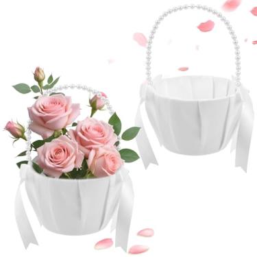 Imagem de Pacote com 2 cestas de florista, cesta de vime feita à mão com alça de pérola, cestas de flores com laço de cetim, cesta de menina de flor de marfim, cesta de casamento para presentes, casamento