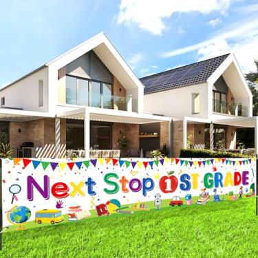 Imagem de Faixa de decoração de festa de formatura de jardim de infância Next Stop 1st Grade Yard Fence Banner Kindergarten Congrats Graduate Class of 2024 Pano de fundo para suprimentos de festa de formatura