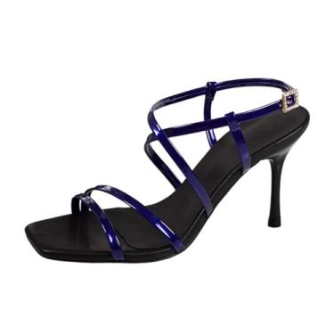 Imagem de Sandálias femininas de couro envernizado com detalhe de fivela salto alto casual versátil conforto calçado feminino 2026, Azul royal, 35