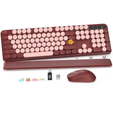 Imagem de Combo de teclado e mouse sem fio – teclado retrô com teclas redondas, estilo máquina de escrever, tamanho completo, com descanso de pulso removível, conexão de 2,4 GHz, para Mac/Windows/PC (Vinho)