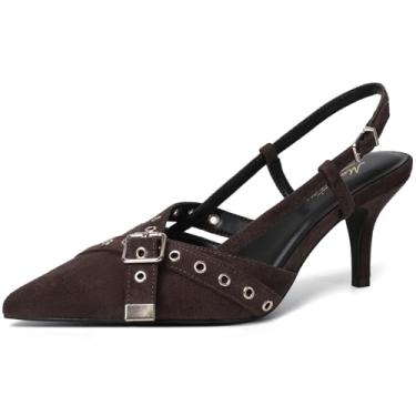 Imagem de Mostrin Kitten Mules Salto feminino bico fino fechado salto vintage sapato stiletto elegante, Camurça marrom escuro - 07, 39