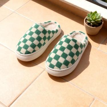 Imagem de Chinelos de casa para mulheres e homens, chinelos de quarto xadrez felpudos antiderrapantes macios macios macios e aconchegantes espuma viscoelástica quente inverno sapatos femininos para casa para