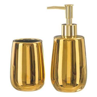 Imagem de Kit Lavabo Banheiro Dourado Luxo Porcelana Dispenser Líquido - PGB