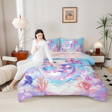 Imagem de Erosebridal Jogo de cama solteiro com estampa de Axolotl para meninas adolescentes, conjunto de edredom fofo com desenho animado oceano, vida marinha kawaii, salamandra, coleções de cama